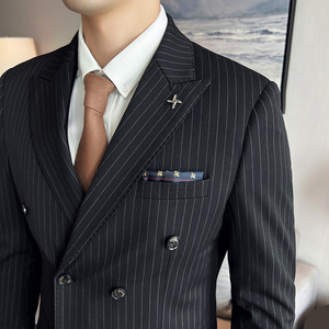 三件套男士西装套装商务休闲修双排扣条纹西服SJT826-P265图片