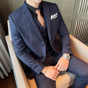 西装男套装格子新郎结婚礼服三件套韩版修身商务职业SJT851-P260,礼服可以搭配布鞋吗图片