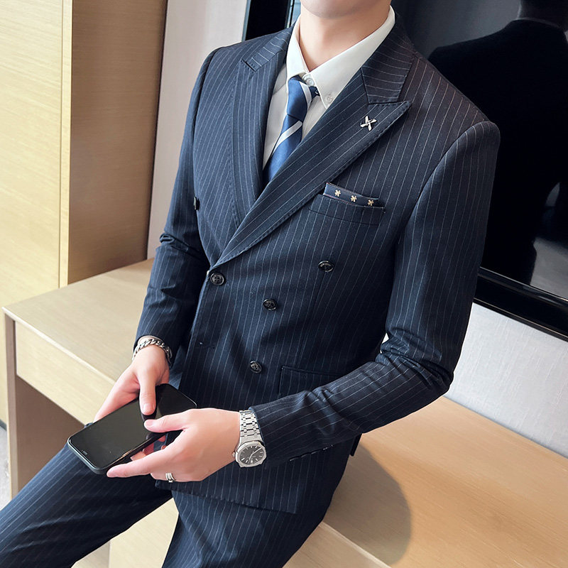 三件套男士条纹西装套装休闲双排扣舒适商务SJT826-P265图片