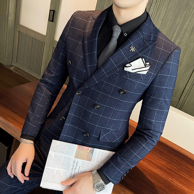 21秋冬新韩版双排扣格子西服套装男西装商务新郎礼服SJT862-P285,男装西服套装,星座1012