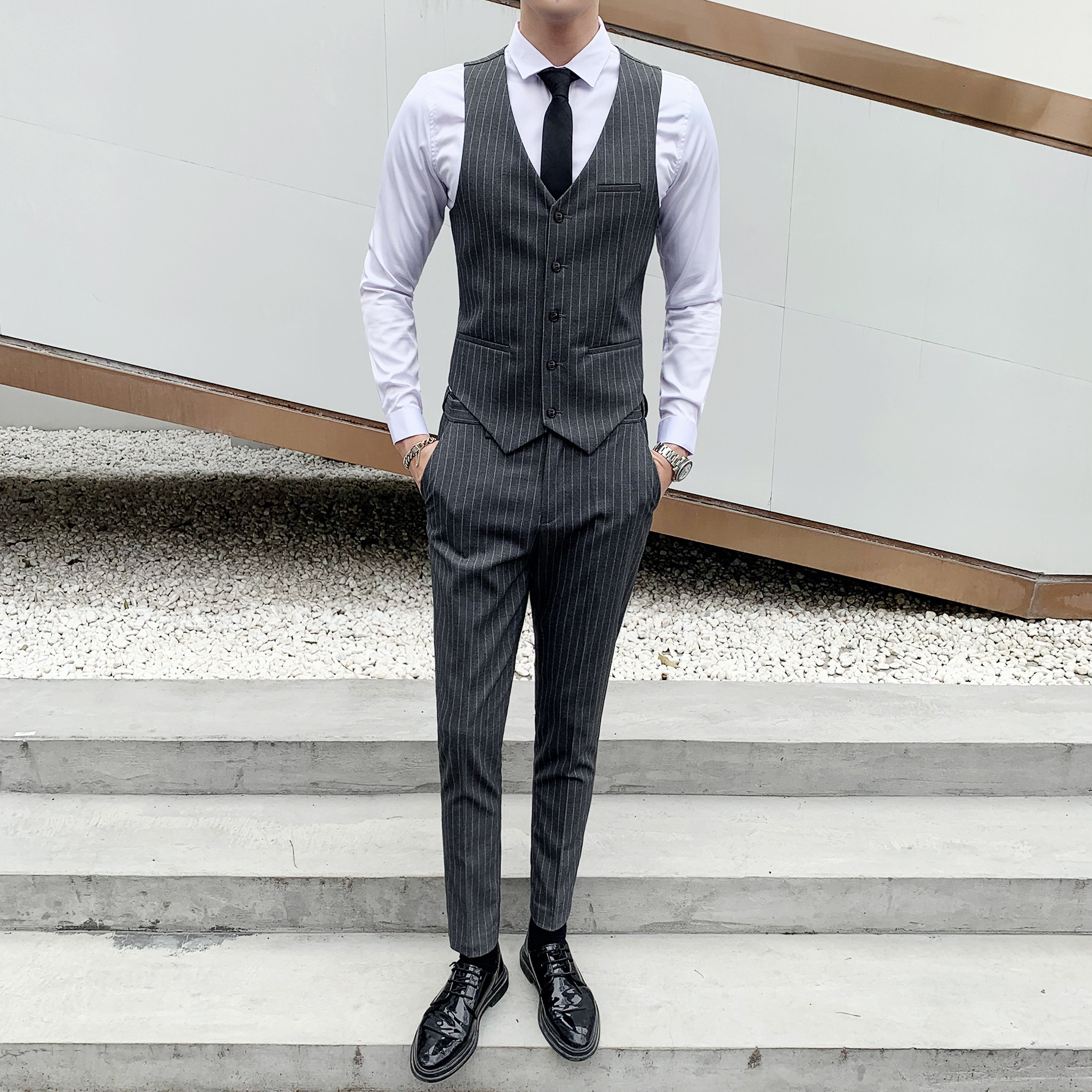 秋冬条纹西装马甲男士修身韩版发型师西服坎肩M813-P60,男装西服套装,星座1012