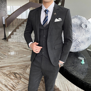 西装男套装三件套新郎结婚礼服格子商务正装职业1012-SJT823图片