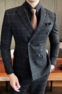 21秋冬韩版双排扣格子西服套装男结婚礼服英伦西装SJT864-P285图片