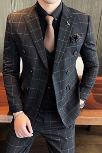 双排扣格子西装套装男三件套修身西服新郎结婚正装礼服SJT864P285图片