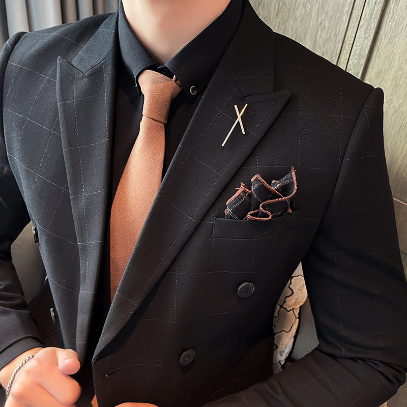 男士新郎礼服西服两件套西装修身休闲格子双排扣LJT865-P200,男装西服套装,星座1012