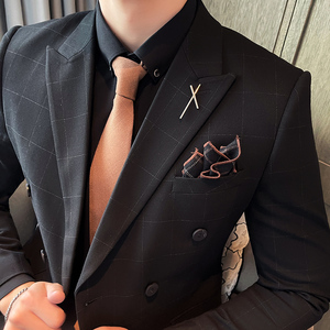 2023格子款西服套装男两件套礼服修身双排扣西装LJT865-P200图片