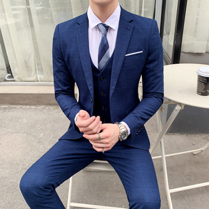 秋冬韩版修身英伦格子男士西服套装三件套结婚礼服 SJT811-P280图片