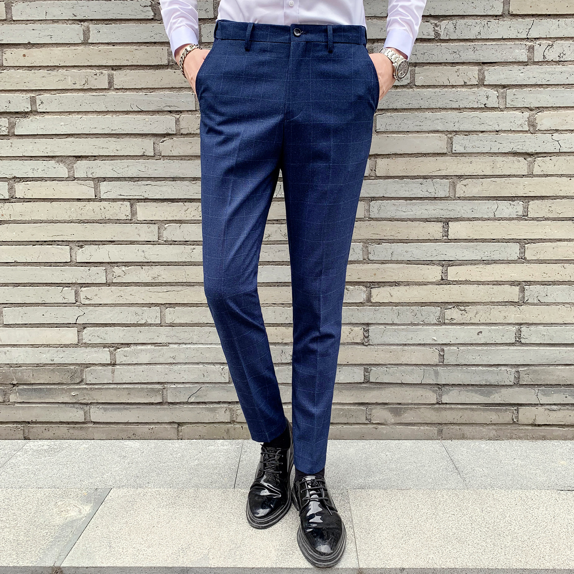 男士韩版修身西裤英伦风长裤垂坠感格子休闲裤1012-K811-P75,男装西裤,星座1012