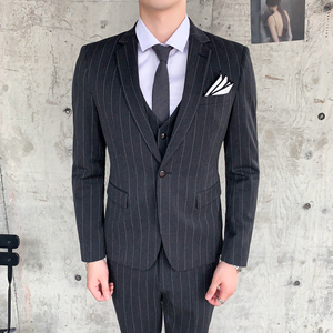 新款修身条纹西装男套装三件套商务绅士休闲西服1012-SJT808-P260
