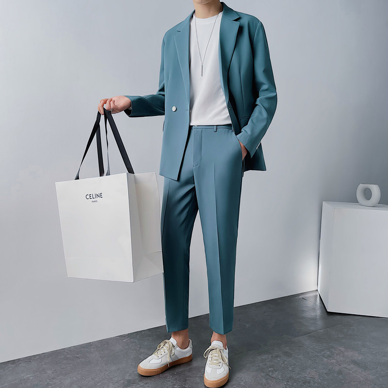 宽松西装套装男帅气宽松西服两件套纯色休闲礼服海蓝DX857-P120图片