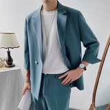 夏新款中袖宽松西装上衣帅气七分袖西服外套海蓝色落肩DX856-P120，男装西服套装，星座1012