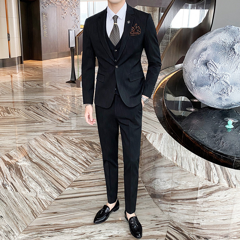 秋冬竖条纹男士西服套装结婚礼服韩版西装三件套修身商务工作820,男装西服套装,星座1012