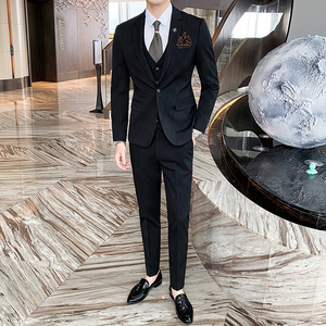 秋冬竖条纹男士西服套装结婚礼服韩版西装三件套修身商务工作820图片