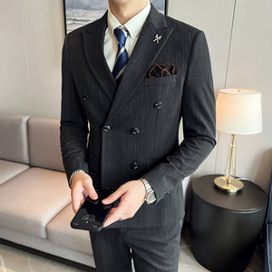 秋冬男加厚双排扣西装套装条纹西服三件套双开叉SJT866-P285图片