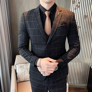 21秋冬韩版修身格子西服套装男潮流西装结婚礼服正装SJT863-P285图片