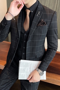21秋冬韩版修身格子西服套装男英伦西装结婚礼服正装SJT863-P285图片