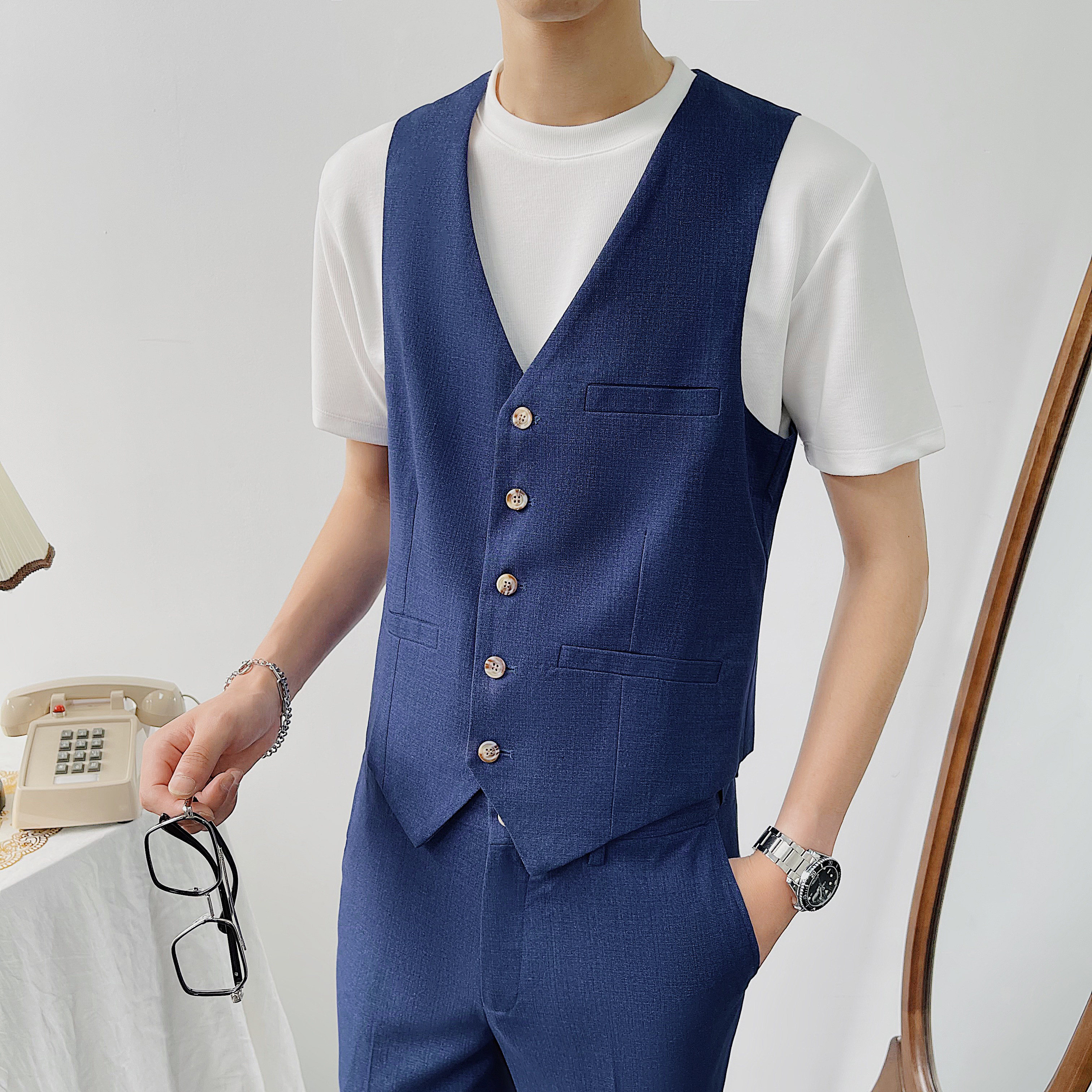 蓝色轻熟风商务休闲男生西装小坎肩修身西服马甲MJ834-P45图片