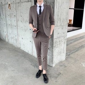 夏季薄款英伦中袖西服套装男士七分袖西装三件套礼服 SJT802-P255图片