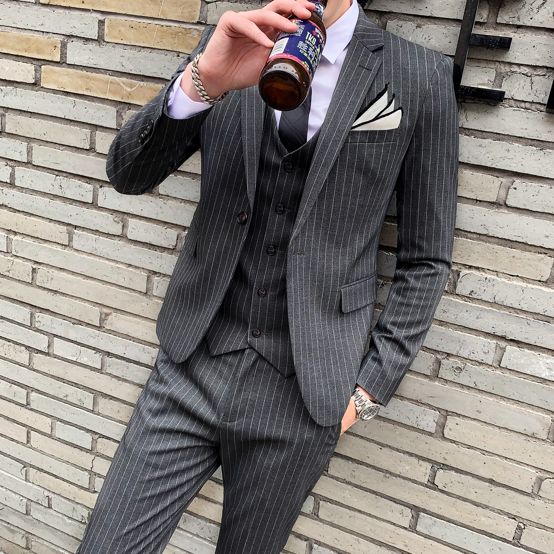 新款绅士条纹西服套装男休闲西装三件套修身结婚礼服SJT813-P280,男装西服套装,星座1012