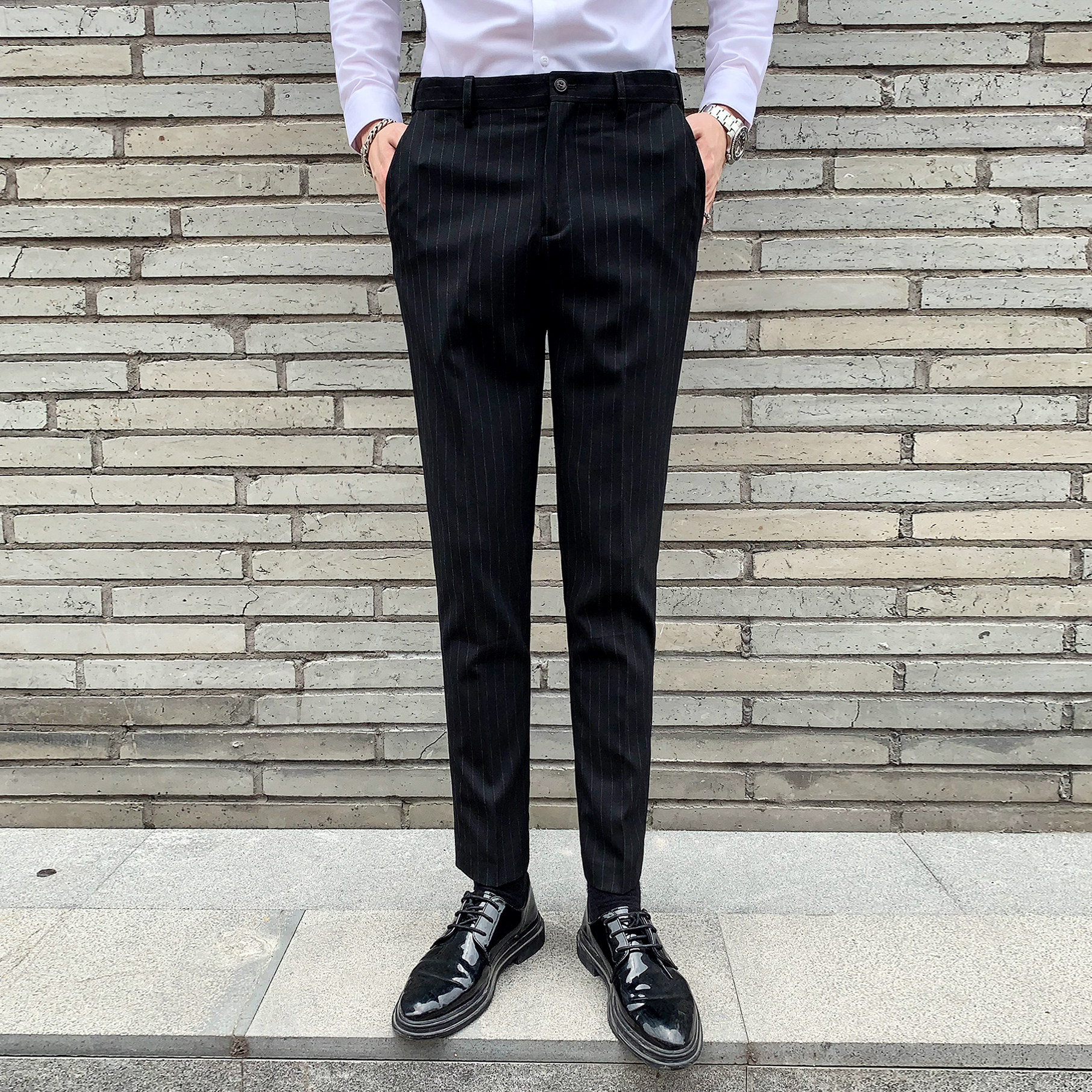 英伦竖条纹男士西裤韩版修身休闲裤职业工装裤发型师潮 K813-P75图片
