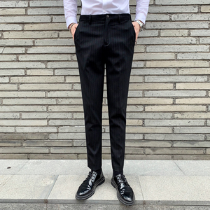 英伦竖条纹男士西裤韩版修身休闲裤职业工装裤发型师潮 K813-P75图片