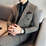 男士条纹双排扣西装套装三件套修身商务SJT866-P285，男装西服套装，星座1012