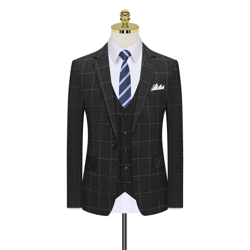 格子款一粒扣浅灰西装套装三件套正装西服礼服8121-P280,男装西服套装,星座1012