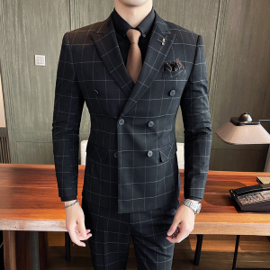 21秋冬韩版双排扣格子西服套装男结婚礼服英伦西装SJT864-P285图片