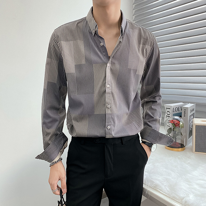 新款条纹长袖衬衫男商务职业衬衣立领微宽松轻熟风CS969-P70,男装衬衫,星座1012