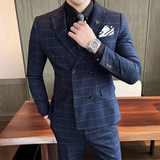双排扣格子款西服套装男商务修身休闲西装蓝色礼服SJT8662-P285，男装西服套装，星座1012