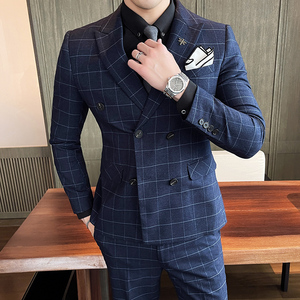 双排扣格子款西服套装男商务修身休闲西装蓝色礼服SJT8662-P285图片