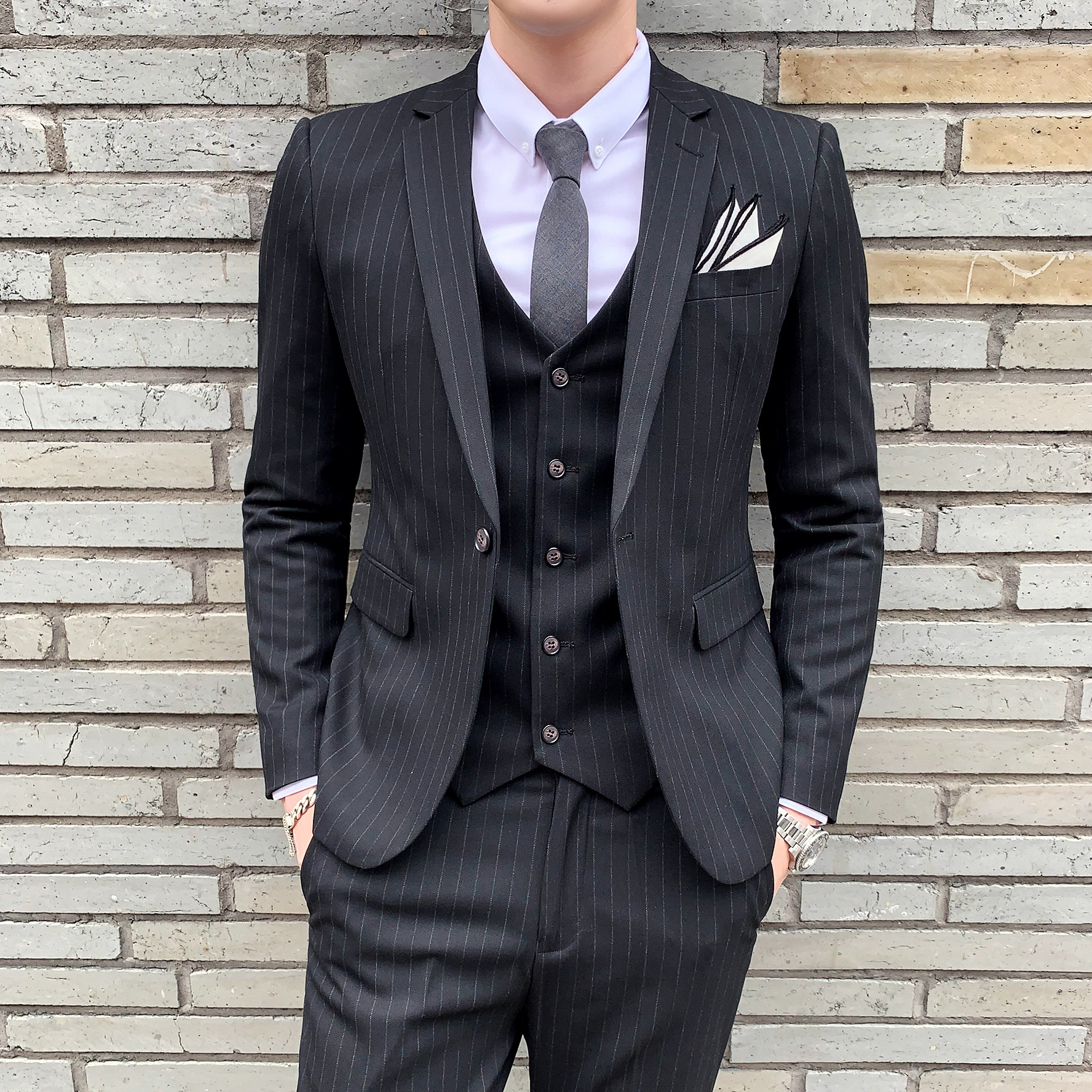 新款绅士条纹西服套装男休闲西装三件套修身结婚礼服SJT813-P280,男装西服套装,星座1012