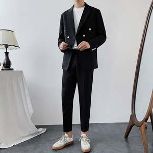 帅气双排扣宽松西服上衣男士海蓝色西装休闲纯色免烫DX859-P120图片