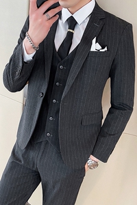 条纹西装男套装三件套新郎结婚礼服修身商务西服SJT813-P280图片