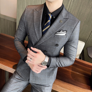 21秋冬新韩版双排扣格子西服套装男西装商务新郎礼服SJT862-P285图片