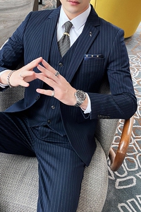 秋冬新款条纹西装男套装修身西服新郎结婚商务休闲SJT825-P260图片