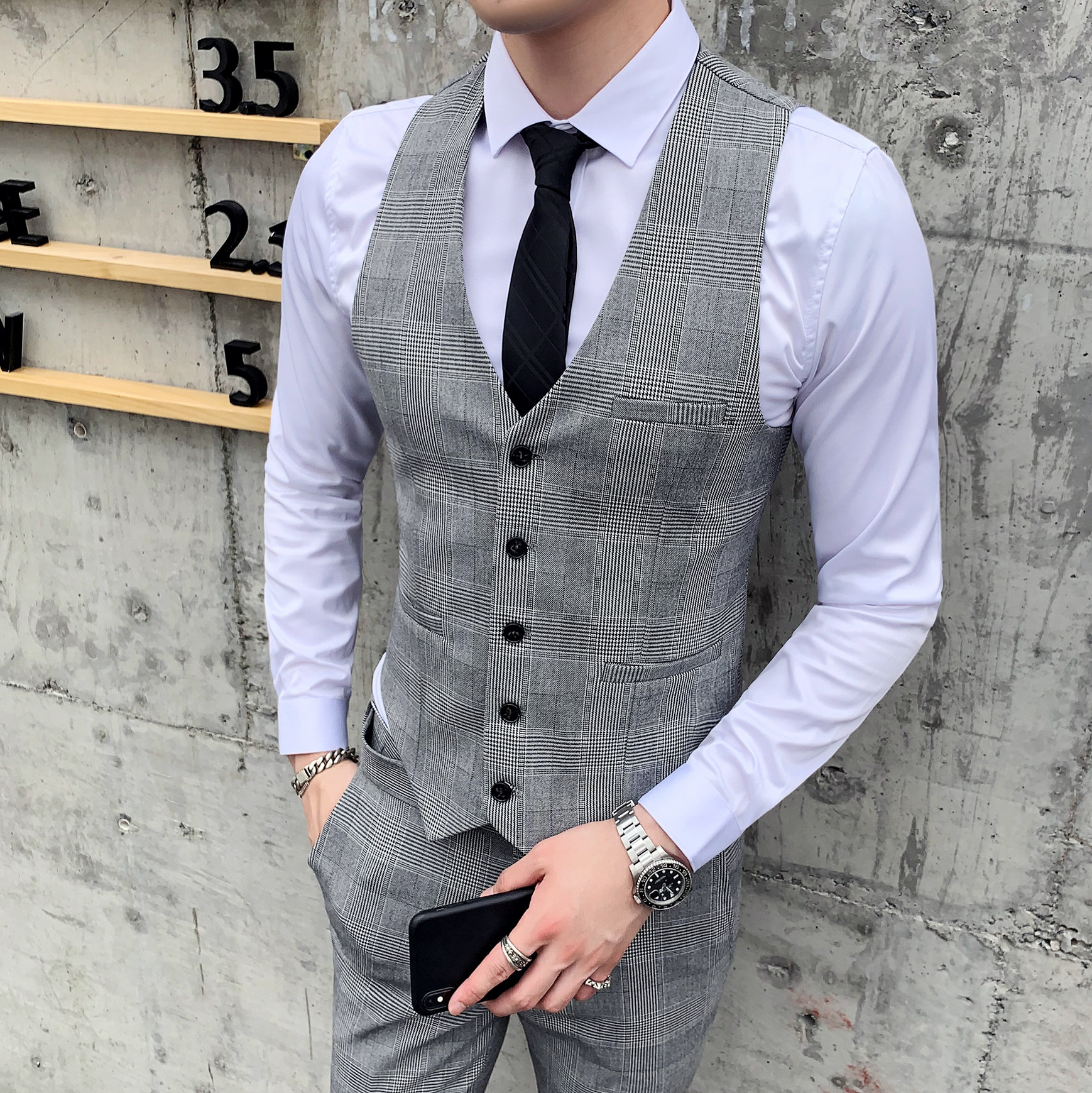 男士千鸟格修身西服马甲男新郎主持人礼服背心M801-P60,男装背心/马甲,星座1012