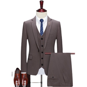 高品质咖啡色修身垂感西装男套装三件套修身西服1012-SJT805-P260图片