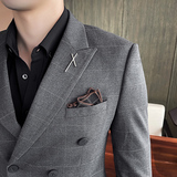 21秋冬韩版双排扣格子西服套装男英伦西装正装礼服潮LJT865-P230，男装西服套装，星座1012