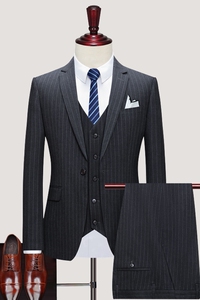 西装男套装英伦修身新郎结婚礼服商务正装条纹西服三件套休闲P295图片
