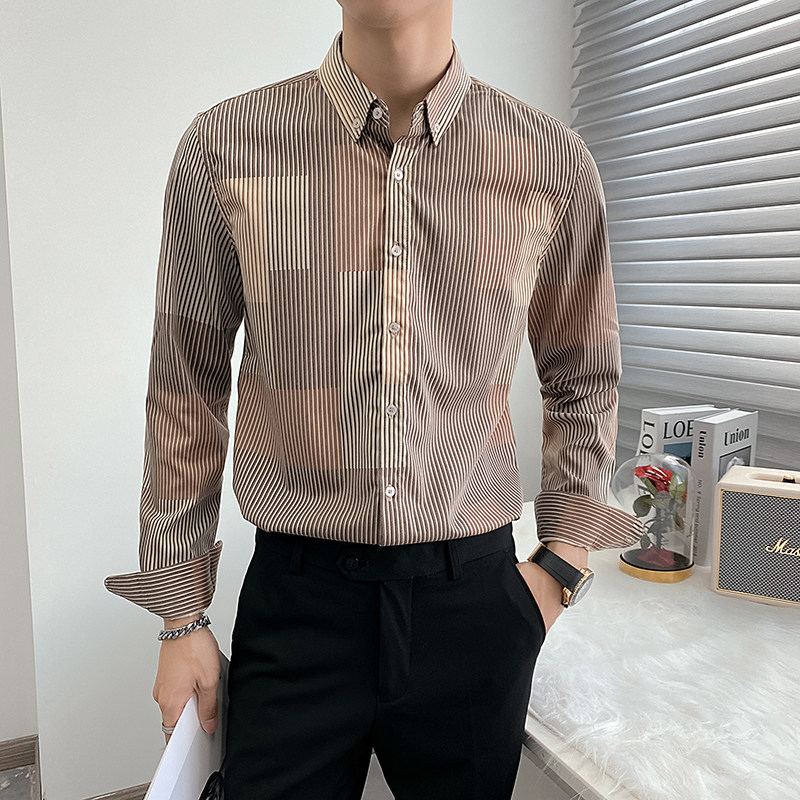 新款条纹长袖衬衫男商务职业衬衣立领微宽松轻熟风CS969-P70,男装衬衫,星座1012