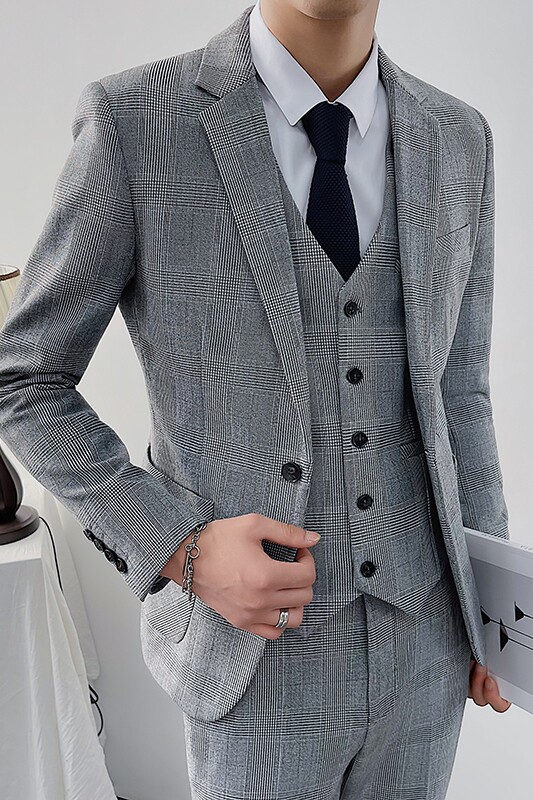 2025秋冬新款千鸟格修身西服男套装三件套商务休闲西服8011-P300,男装西服,星座1012