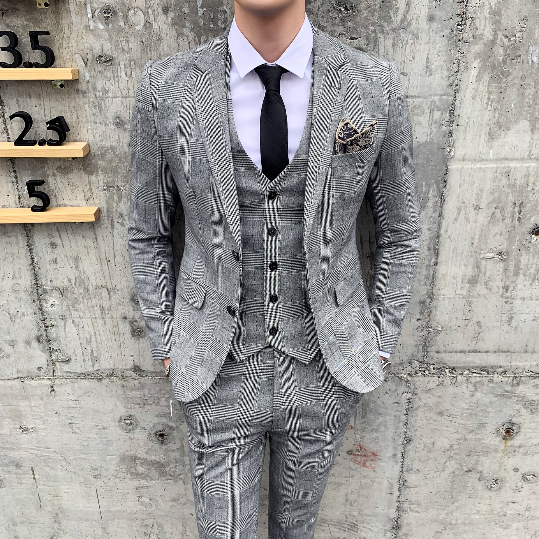 男士西装套装个性主持人司仪西服三件套千鸟格修身款SJT801-P285,男装西服套装,星座1012