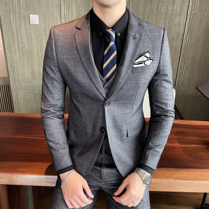 秋冬新款格子西服套装男三件套商务职业新郎结婚修身SJt861-P285图片