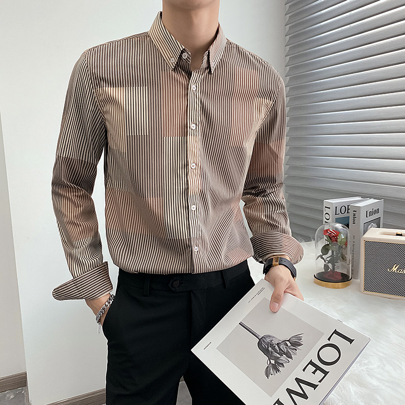 新款条纹长袖衬衫男商务职业衬衣立领微宽松轻熟风CS969-P70图片