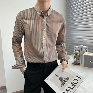 新款条纹长袖衬衫男商务职业衬衣立领微宽松轻熟风CS969-P70图片