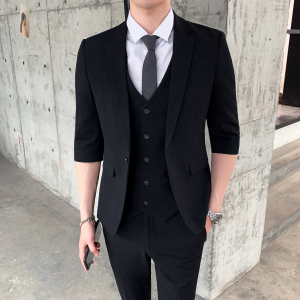 新款英伦七分袖西服套装男韩版修身中袖西装三件套潮 SJT802-P255图片