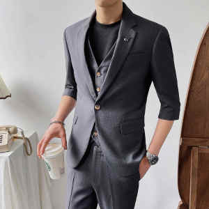 中袖西服男套装三件套网红西装SJT834-P205上衣105马甲45裤子55图片