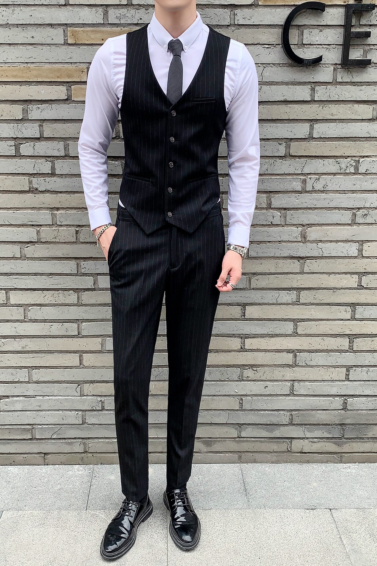 秋冬新款绅士条纹西装马甲韩版西服坎肩修身时尚百搭M813-P60,男装西服套装,星座1012