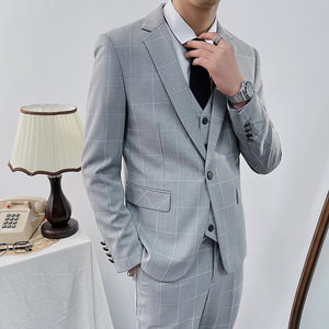 秋冬新款双线一粒扣西装套装男生修身商务西服三件套SJT8121-P280,男格子西装穿搭图片